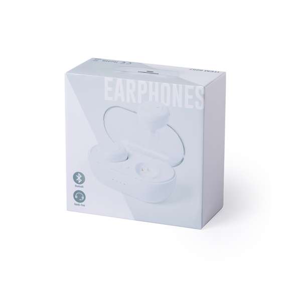 Auriculares intraurales de conexión Bluetooth® 5.0 y diseño minimalista en elegante color blanco. De diseño ergonómico, incluyen panel de control integrado en en auricular, con estuche y base de carga a juego. Función manos libres y recargables, con cable micro USB incluido. Presentados en estuche individual de lujo con tapa transparente de bisagra. Presentados en atractiva caja de diseño.