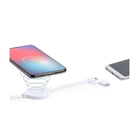 Cargador inalámbrico de diseño ultra compacto en diseño monocolor blanco. Conexión dual micro USB y Lightning, con adaptador Tipo C y luz indicadora de carga. Compatible con dispositivos equipados con tecnología de carga inalámbrica.