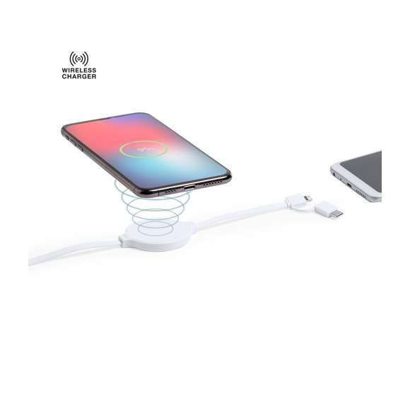 Cargador inalámbrico de diseño ultra compacto en diseño monocolor blanco. Conexión dual micro USB y Lightning, con adaptador Tipo C y luz indicadora de carga. Compatible con dispositivos equipados con tecnología de carga inalámbrica.