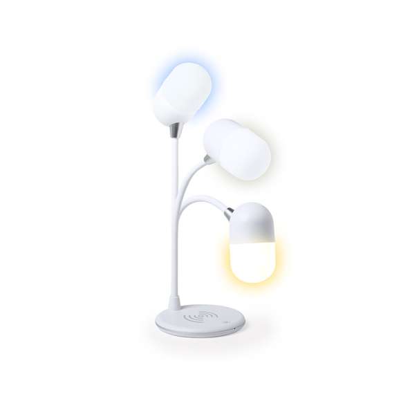 Lámpara multifunción todo en uno en acabado blanco, con altavoz Bluetooth® 4.2 de 3W de potencia y cargador inalámbrico integrados. 14 LEDs y 3 posiciones de iluminación (cálida, fría y media), ajustable en altura. Compatible con dispositivos móviles de carga inalámbrica, con cable cargador micro USB y viene presentada en una atractiva caja de diseño.