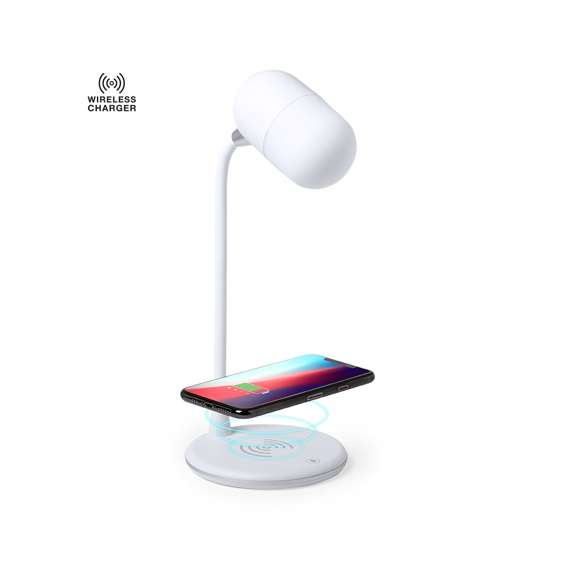 Lámpara multifunción todo en uno en acabado blanco, con altavoz Bluetooth® 4.2 de 3W de potencia y cargador inalámbrico integrados. 14 LEDs y 3 posiciones de iluminación (cálida, fría y media), ajustable en altura. Compatible con dispositivos móviles de carga inalámbrica, con cable cargador micro USB y viene presentada en una atractiva caja de diseño.