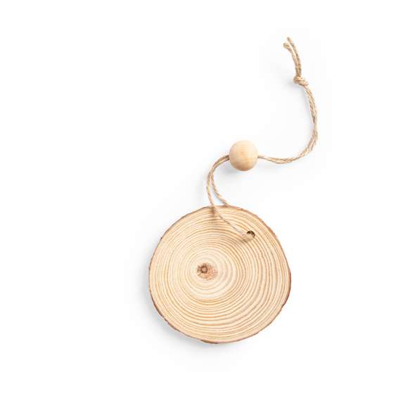 Adorno navideño en madera natural al corte, con lacito para colgar y bola a juego. Ideal para marcaje en láser.