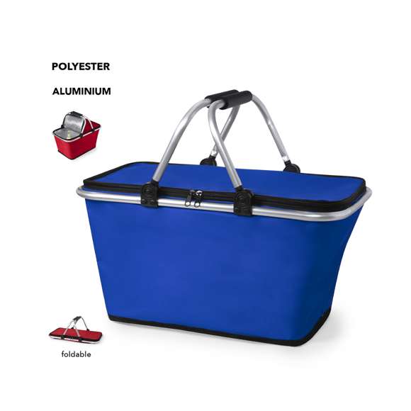 Cesta térmica en resistente poliéster 600D con interior de aluminio libre de BPA. Cierre de cremallera, con estructura de aluminio plegable y asas con EVA para mayor comodidad en el transporte. Resistencia de hasta 15 kg de peso y disponible en vivos colores.