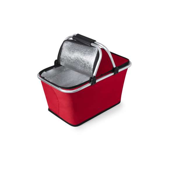 Cesta térmica en resistente poliéster 600D con interior de aluminio libre de BPA. Cierre de cremallera, con estructura de aluminio plegable y asas con EVA para mayor comodidad en el transporte. Resistencia de hasta 15 kg de peso y disponible en vivos colores.