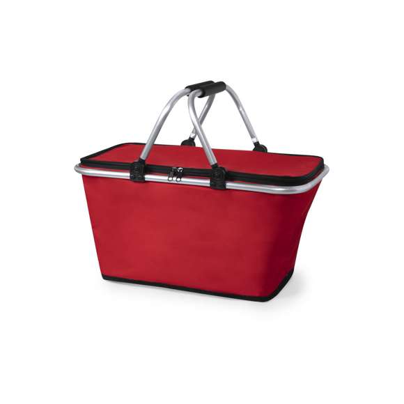 Cesta térmica en resistente poliéster 600D con interior de aluminio libre de BPA. Cierre de cremallera, con estructura de aluminio plegable y asas con EVA para mayor comodidad en el transporte. Resistencia de hasta 15 kg de peso y disponible en vivos colores.