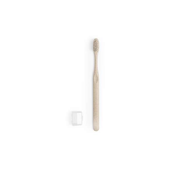Cepillo de dientes de línea nature. Fabricado en caña de trigo, para así fomentar la utilización de materias primas naturales y reducir las emisiones contaminantes. Con capucha de protección.