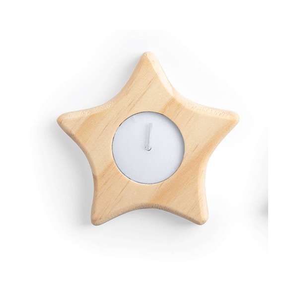 Vela de navidad de madera de pino con originales diseños de estrella y arbolito. Presentada en cajita blanca individual.