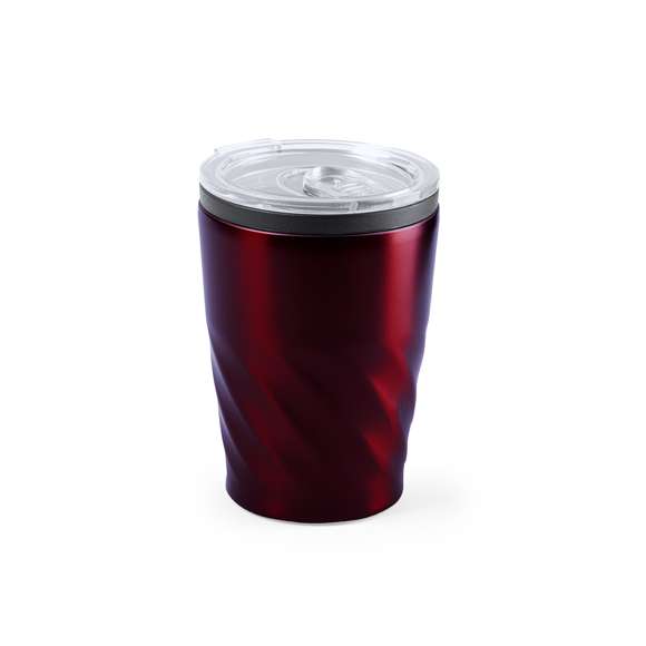Vaso fabricado en acero inox de 350ml de capacidad. Cuerpo con diseño biselado, con anilla de color negro. Con original tapón dosificador transparente y abrefácil. Es ideal para tener en tu escritorio, mesa o en cualquier superficie donde disfrutar tranquilamente de tu bebida favorita.