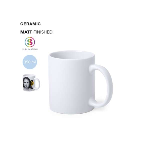 Taza de cerámica de 350ml de capacidad de acabado mate y especialmente diseñada para marcaje en sublimación. Presentada en caja individual.Disponible manual de instrucciones en español e inglés.