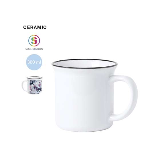 Taza de cerámica de 300ml de capacidad con diseño vintage. En elegante diseño bicolor, con anilla coloreada en el borde y cuerpo en color blanco. Especialmente diseñada para marcaje en sublimación. Presentada en caja individual.Disponible manual de instrucciones en español e inglés.