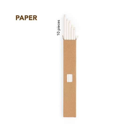 Set de pajitas de papel con tratamiento especial anti humedad. Compuesto por 10 pajitas, presentadas en estuche de cartón reciclado. Disponible en acabado natural y marrón.