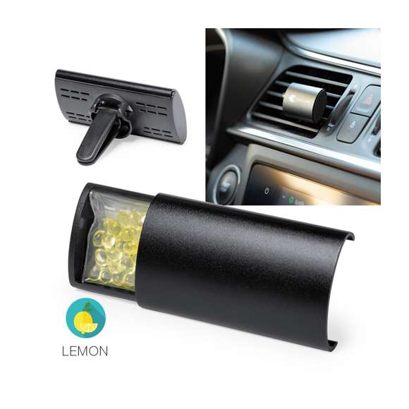  	Ambientador para rejilla de coche en elegante diseño. Con frontal deslizante en aluminio granulado y resistente pinza para rejilla. Con bolitas de perfume de aroma limón y disponible en acabados plateado y negro.