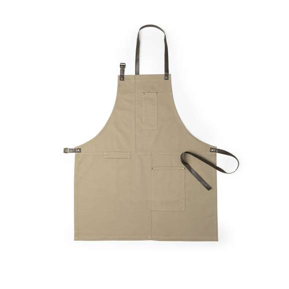 Delantal pro de alta calidad en resistente material 100% algodón canvas de 340g/m2. De corte por debajo de la rodilla, con cintas de cuello y cintura en resistente polipiel con ajuste mediante hebilla y reforzado con remaches metálicos. Incluye multitud de bolsillos para los distintos utensilios, con las costuras reforzadas.