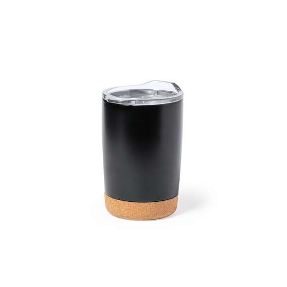 Vaso de sobremesa fabricado en combinación de base en corcho natural con cuerpo en acero inox de acabado blanco, de 380 ml de capacidad. Con doble cobertura para mejor y mas duradera conservación de la temperatura y original tapón dosificador con abrefácil transparente. Presentado en atractiva caja de diseño.