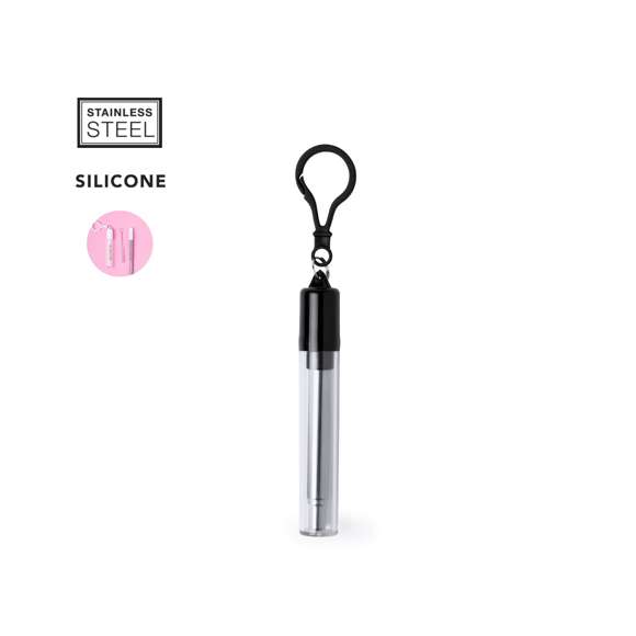 Pajita reutilizable y extensible en acero inoxidable, con boquilla de silicona. Con accesorio limpiador incluido y presentada en estuche transparente con accesorio para transporte.