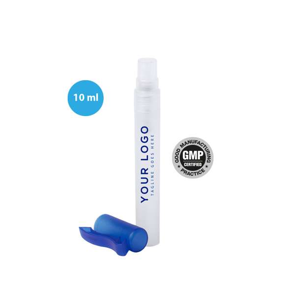  	Spray hidroalcohólico para higiene y limpieza de la piel en bote rellenable de 10 ml. Cuerpo en translúcido y capucha disponible en variada gama de colores, con clip de ajuste. Solución con 65% de contenido de alcohol.nbsp   	Artículo con certificación GMP (Good Manufaturing Practices / Normas de Correcta Fabricación) que garantiza el cumplimiento de rigurosas medidas de control para la obtención de un producto seguro y de calidad.