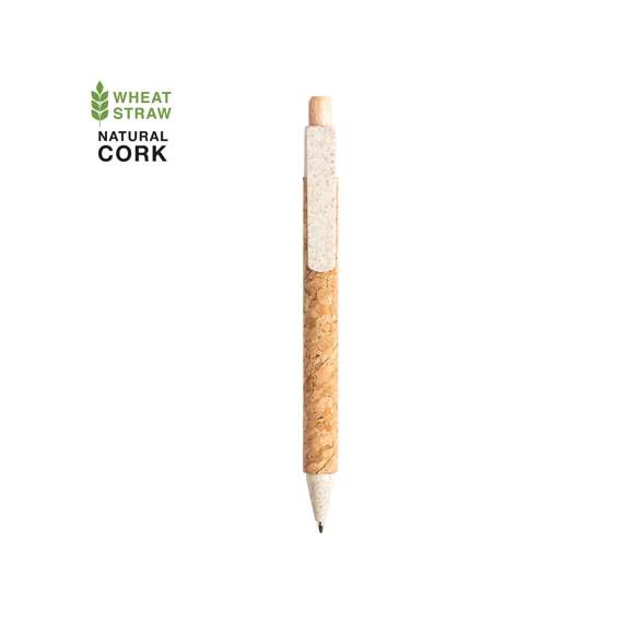  	Bolígrafo de línea nature con cuerpo en corcho natural. Clip, punta y pulsador en caña de trigo, para así fomentar la utilización de materias primas naturales y reducir las emisiones de contaminantes. Con clip especialmente diseñado para marcaje en tampografía. De mecanismo pulsador y con tinta azul.