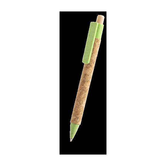  	Bolígrafo de línea nature con cuerpo en corcho natural. Clip, punta y pulsador en caña de trigo, para así fomentar la utilización de materias primas naturales y reducir las emisiones de contaminantes. Con clip especialmente diseñado para marcaje en tampografía. De mecanismo pulsador y con tinta azul.