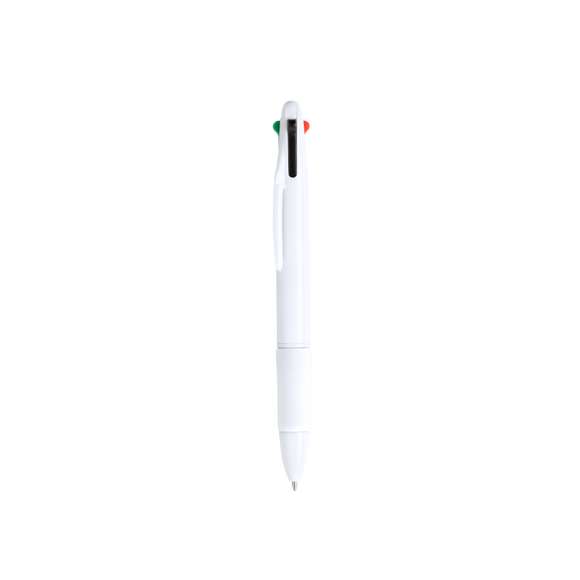 Bolígrafo 4 en 1 de mecanismo pulsador retráctil, de clásico diseño y cuerpo de suave acabado sólido en color blanco. Suave empuñadura a juego en vivos colores. De 4 cartuchos, en tintas azul, negra, roja y verde.
