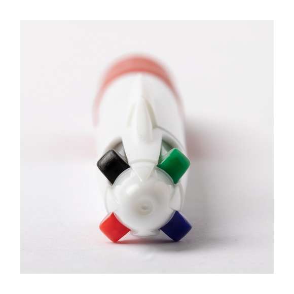 Bolígrafo 4 en 1 de mecanismo pulsador retráctil, de clásico diseño y cuerpo de suave acabado sólido en color blanco. Suave empuñadura a juego en vivos colores. De 4 cartuchos, en tintas azul, negra, roja y verde.