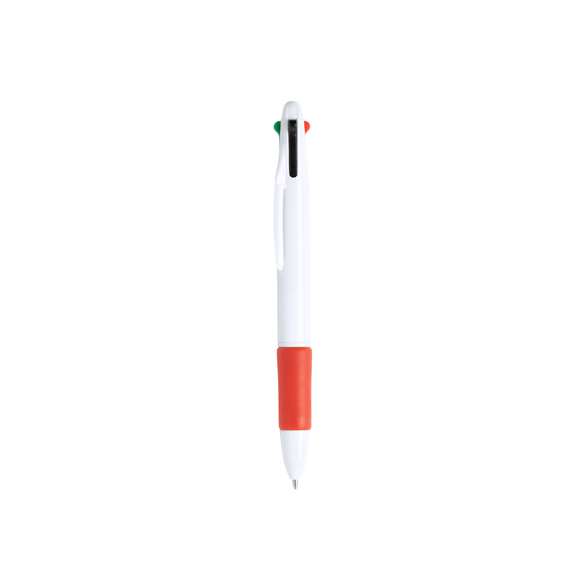 Bolígrafo 4 en 1 de mecanismo pulsador retráctil, de clásico diseño y cuerpo de suave acabado sólido en color blanco. Suave empuñadura a juego en vivos colores. De 4 cartuchos, en tintas azul, negra, roja y verde.