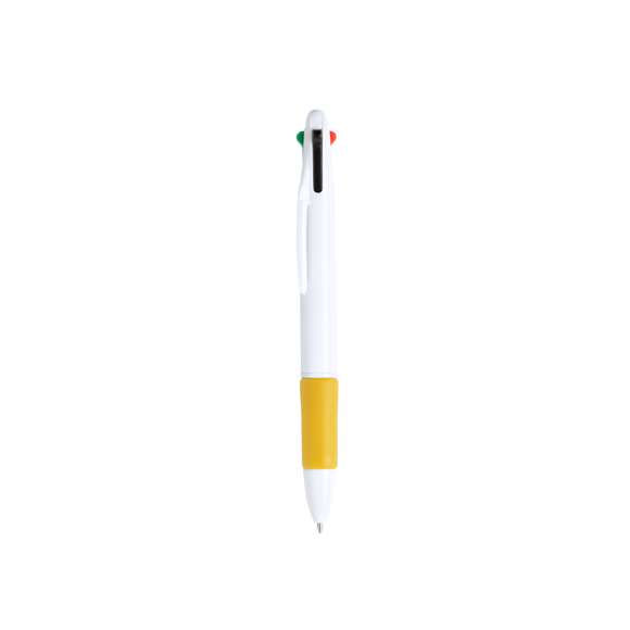 Bolígrafo 4 en 1 de mecanismo pulsador retráctil, de clásico diseño y cuerpo de suave acabado sólido en color blanco. Suave empuñadura a juego en vivos colores. De 4 cartuchos, en tintas azul, negra, roja y verde.