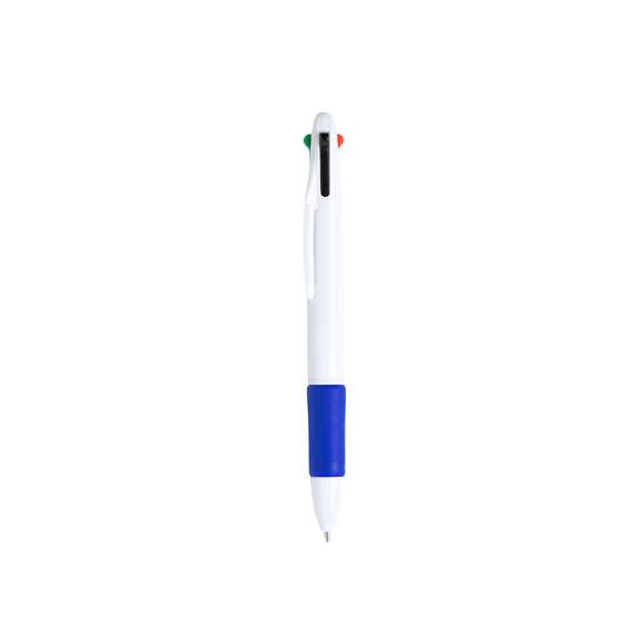Bolígrafo 4 en 1 de mecanismo pulsador retráctil, de clásico diseño y cuerpo de suave acabado sólido en color blanco. Suave empuñadura a juego en vivos colores. De 4 cartuchos, en tintas azul, negra, roja y verde.