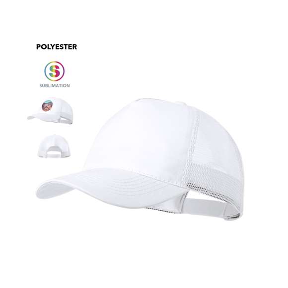 Gorra de 5 paneles en poliéster, con tela de rejilla y cierre ajustable de plástico. Disponible en variada gama de colores (color blanco especialmente fabricado para impresión en sublimación).