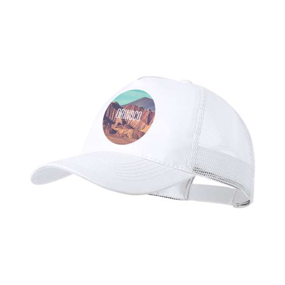 Gorra de 5 paneles en poliéster, con tela de rejilla y cierre ajustable de plástico. Disponible en variada gama de colores (color blanco especialmente fabricado para impresión en sublimación).