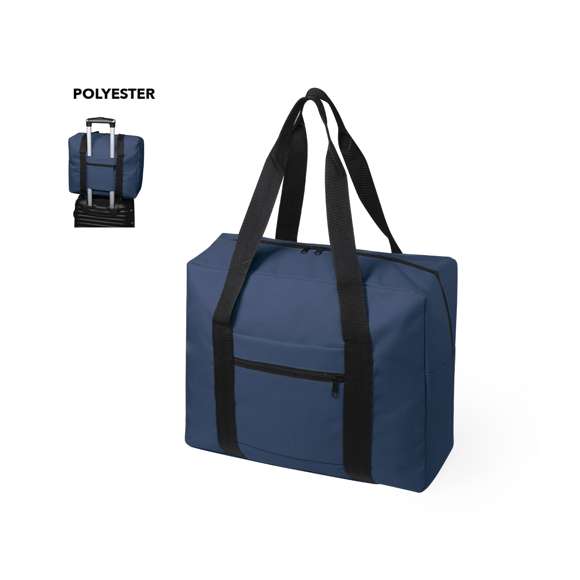 Bolso multiusos en resistente poliéster 600D y desenfadado diseño bicolor. Compartimento principal con cierre de cremallera y doble tirador, con accesorio de ajuste en trolley, resistentes asas de nylon y bolsillo lateral de cremallera.