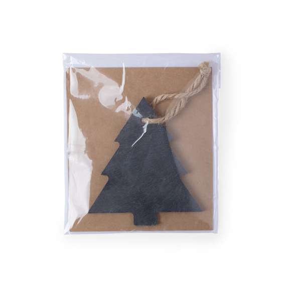 Adorno navideño en pizarra, con lacito para colgar y en elegantes diseños árbol de navidad y estrella.