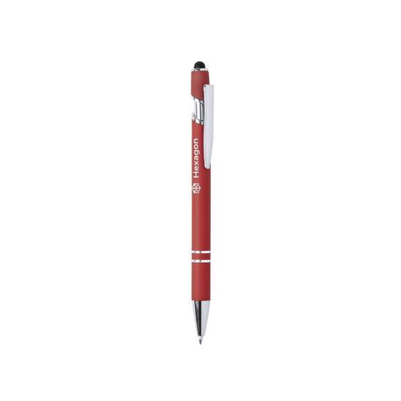 Bolígrafo puntero de mecanismo pulsador y original diseño. Cuerpo de aluminio acabado goma, especialmente diseñado para marcaje en láser y mostrar el logotipo en tono plateado. Con accesorios cromados y clip metálico. Disponible en variada gama de colores, con cartucho jumbo y tinta azul.