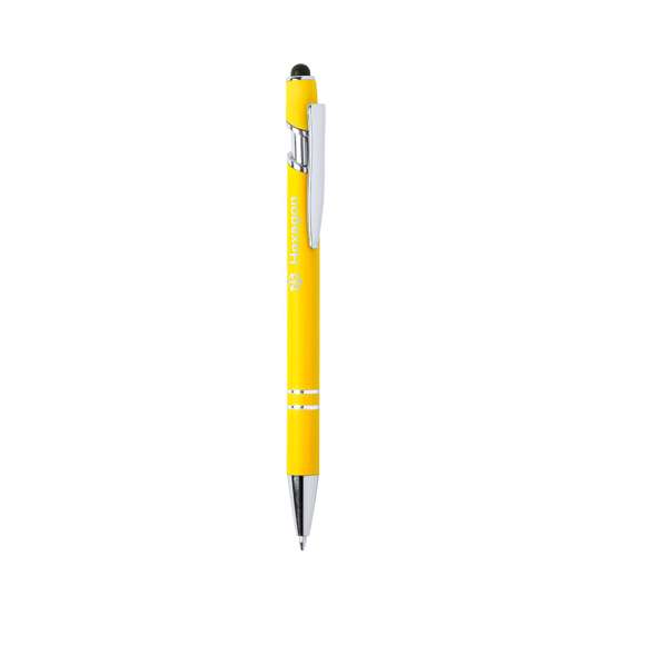 Bolígrafo puntero de mecanismo pulsador y original diseño. Cuerpo de aluminio acabado goma, especialmente diseñado para marcaje en láser y mostrar el logotipo en tono plateado. Con accesorios cromados y clip metálico. Disponible en variada gama de colores, con cartucho jumbo y tinta azul.