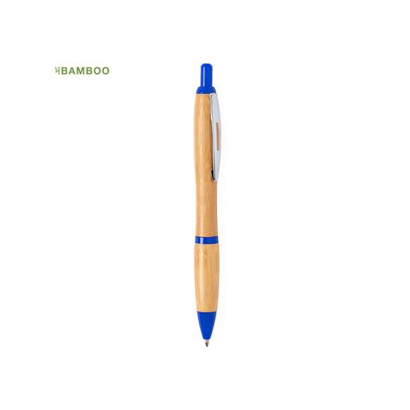  	Bolígrafo con mecanismo pulsador de línea nature, con cuerpo en bambú y detalles en variada gama de colores. Con original clip metálico troquelado y cómoda empuñadura de bambú. Tinta azul.