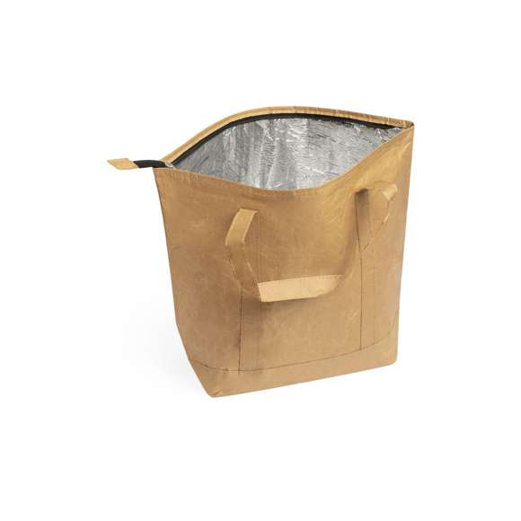 Innovadora bolsa térmica en papel laminado, resistente a las salpicaduras de agua y con interior en aluminio. Tamaño 43x33+14 cm, con cierre de cremallera y amplio bolsillo en frontal. Asas medianas reforzadas de 45 cm, libre de BPA.