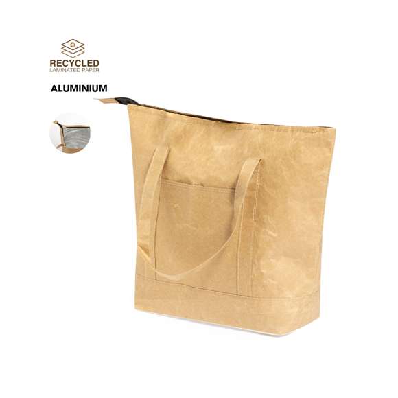 Innovadora bolsa térmica en papel laminado, resistente a las salpicaduras de agua y con interior en aluminio. Tamaño 43x33+14 cm, con cierre de cremallera y amplio bolsillo en frontal. Asas medianas reforzadas de 45 cm, libre de BPA.