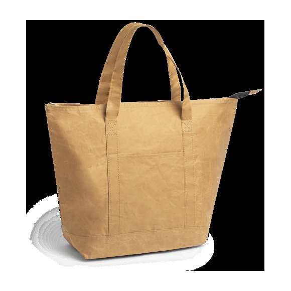 Innovadora bolsa térmica en papel laminado, resistente a las salpicaduras de agua y con interior en aluminio. Tamaño 43x33+14 cm, con cierre de cremallera y amplio bolsillo en frontal. Asas medianas reforzadas de 45 cm, libre de BPA.