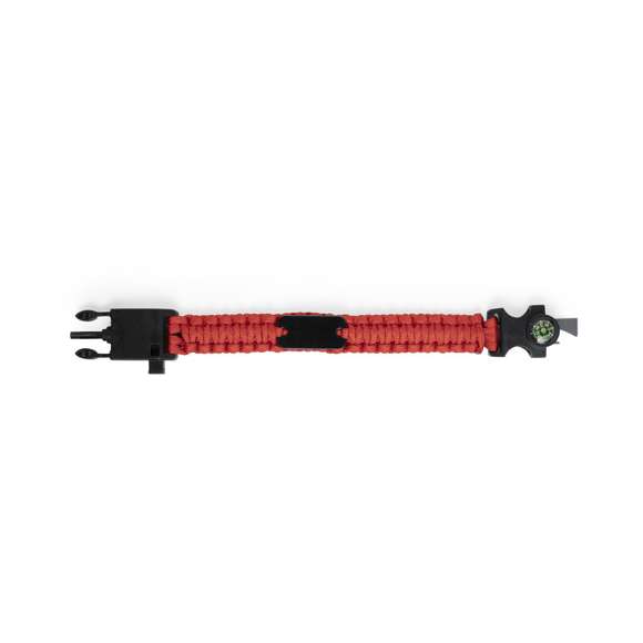 Brazalete multifunción para los más aventureros en resistente nylon. 5 funciones: brazalete, brújula, silbato, cuchillo rascador y abridor. Disponible en variada gama de colores, con cierre de hebilla de seguridad.