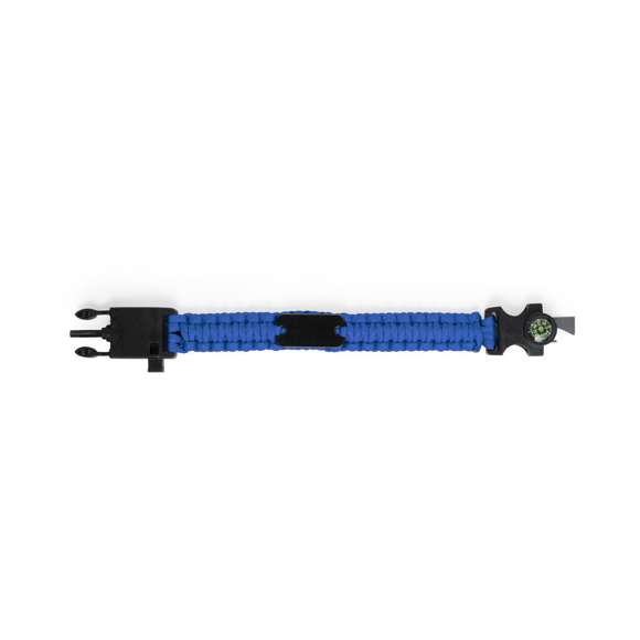 Brazalete multifunción para los más aventureros en resistente nylon. 5 funciones: brazalete, brújula, silbato, cuchillo rascador y abridor. Disponible en variada gama de colores, con cierre de hebilla de seguridad.