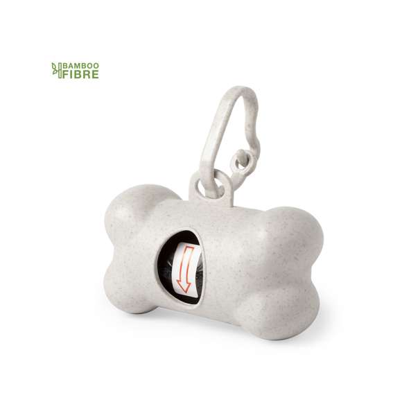 Dispensador de bolsas para mascotas en línea nature, fabricado en fibra de bambú. Con resistente cuerpo y diseño de hueso, mosquetón de transporte a juego y 15 bolsas biodegradables incluidas.