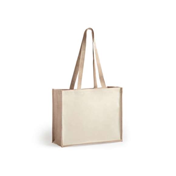 Bolsa de línea nature, en combinación de materiales yute laminado y algodón laminado. Tamaño 39 x 31,5 + 16 cm, de acabado cosido y con asas largas reforzadas de 76 cm. Resistencia de hasta 12 kg de peso.