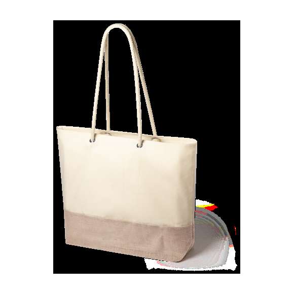 Bolsa de línea nature, en combinación de materiales yute y algodón. Tamaño 48 x 35 + 15 cm, de acabado cosido y con asas largas reforzadas de 90 cm en algodón. Resistencia de hasta 9 kg de peso.