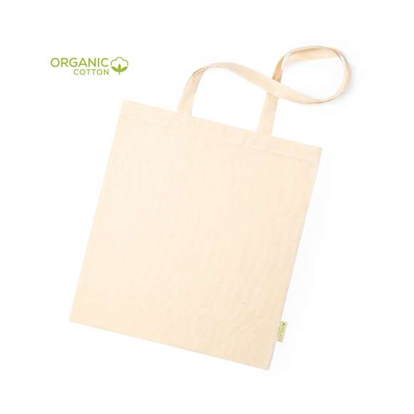Bolsa de línea nature en material 100% algodón orgánico natural de 120 g/m2. Asas largas de 70cm con refuerzo y de acabado cosido. Distintivo organic en etiqueta lateral y resistencia hasta 8 kg de peso.