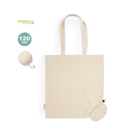 Bolsa plegable de línea nature en material 100% algodón orgánico natural de 120 g/m2. Asas largas de 70cm con refuerzo y de acabado cosido. Distintivo organic en etiqueta lateral y resistencia hasta 9 kg de peso. Plegado de pequeño tamaño para fácil transporte.