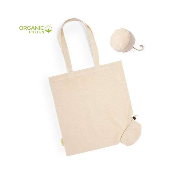 Bolsa plegable de línea nature en material 100% algodón orgánico natural de 120 g/m2. Asas largas de 70cm con refuerzo y de acabado cosido. Distintivo organic en etiqueta lateral y resistencia hasta 9 kg de peso. Plegado de pequeño tamaño para fácil transporte.