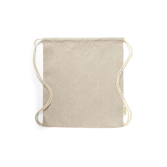 Mochila de cuerdas de línea nature en material 100% algodón reciclado de 120 g/m2. Cuerdas autocierre en algodón, con distintivo eco en etiqueta lateral y disponible en variada gama de colores nature. Resistencia hasta 9kg de peso.