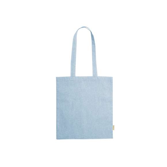 Bolsa de línea nature en material 100% algodón reciclado de 120 g/m2. Asas largas de 70cm con refuerzo y de acabado cosido. Distintivo en etiqueta lateral y resistencia hasta 8 kg de peso. Disponible en variada gama de colores nature.