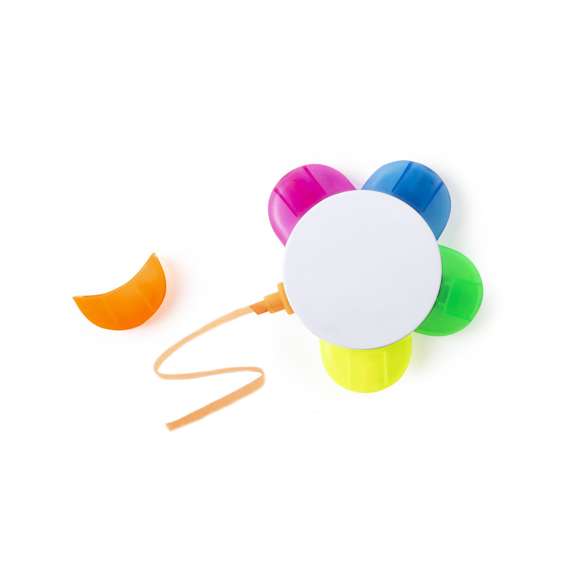 Set de marcadores en original diseño flor. Con amplia superficie de marcaje y subrayadores en colores naranja, azul, verde, amarillo y fucsia.