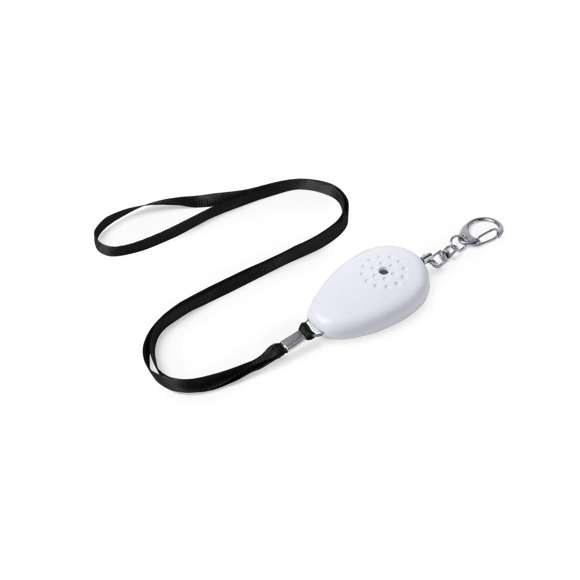  	Alarma personal con potente timbre de volumen extra fuerte. El funcionamiento es sencillo, solamente hay que tirar de la cinta para que suene la alarma. Con mosquetón metálico de enganche y cinta resistente de 36 cm de largo. Alimentación a pilas (de botón incluidas) y presentado en atractiva bolsa de diseño.