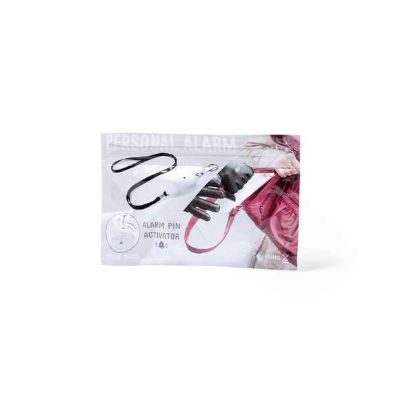  	Alarma personal con potente timbre de volumen extra fuerte. El funcionamiento es sencillo, solamente hay que tirar de la cinta para que suene la alarma. Con mosquetón metálico de enganche y cinta resistente de 36 cm de largo. Alimentación a pilas (de botón incluidas) y presentado en atractiva bolsa de diseño.